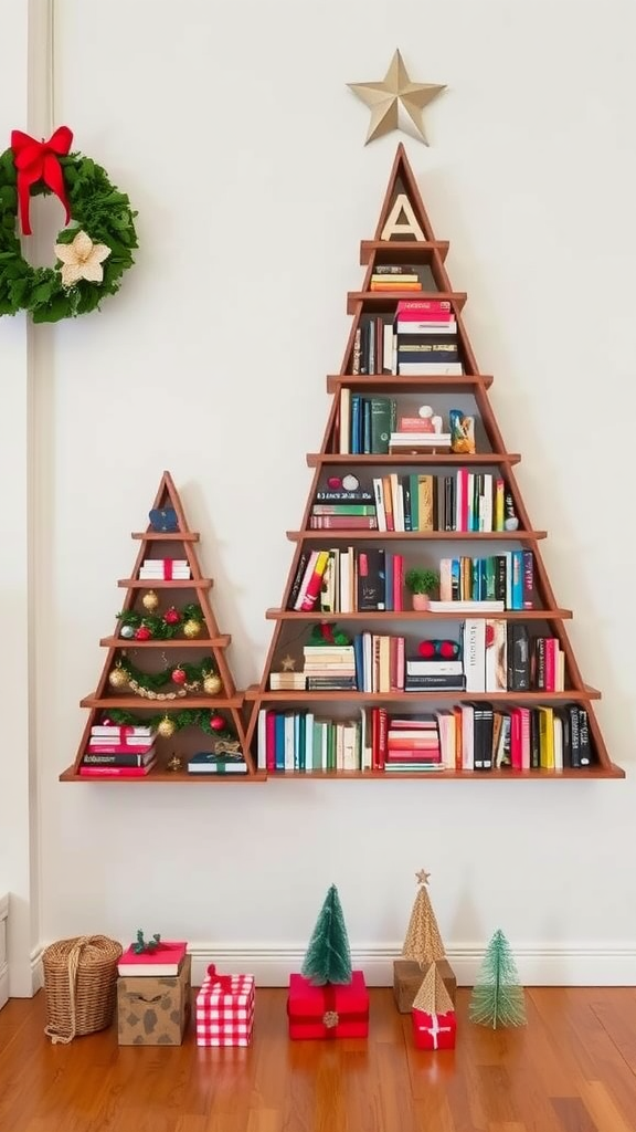 A bookshelf styled like a Christmas tree with books and decorations, featuring small gifts underneath.