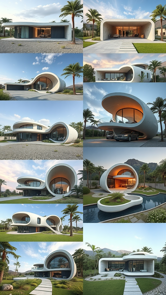 A collage of innovative concrete home designs featuring unique shapes, large windows, and landscaped surroundings.