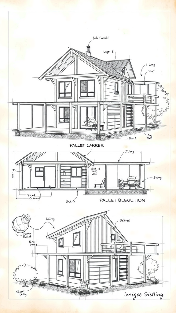Sketch of innovative pallet house designs, featuring Pallet Carrer and Pallet Bleuution.