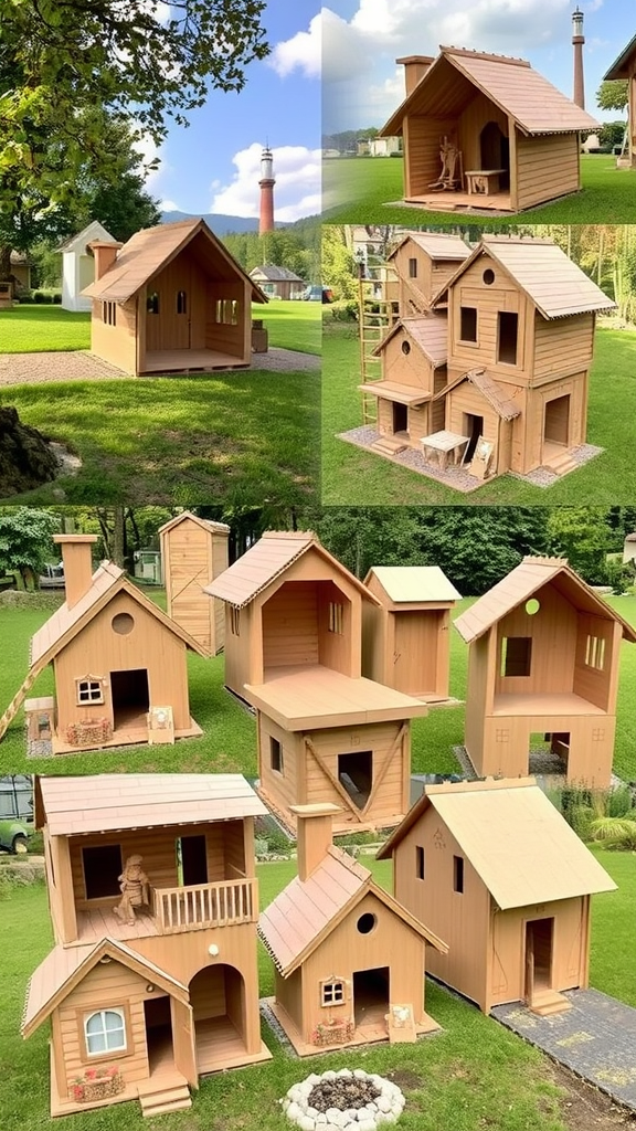 A collection of various cardboard houses in a grassy area, featuring different designs and sizes.