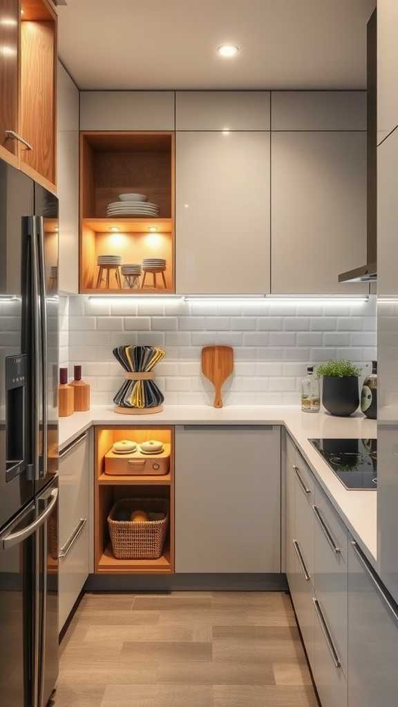 A modern kitchen with innovative storage solutions, featuring open shelves and organized cabinetry.