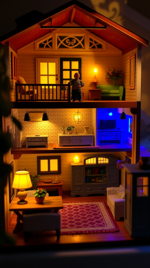A cozy lit dollhouse with various lighting sources illuminating the interiors.