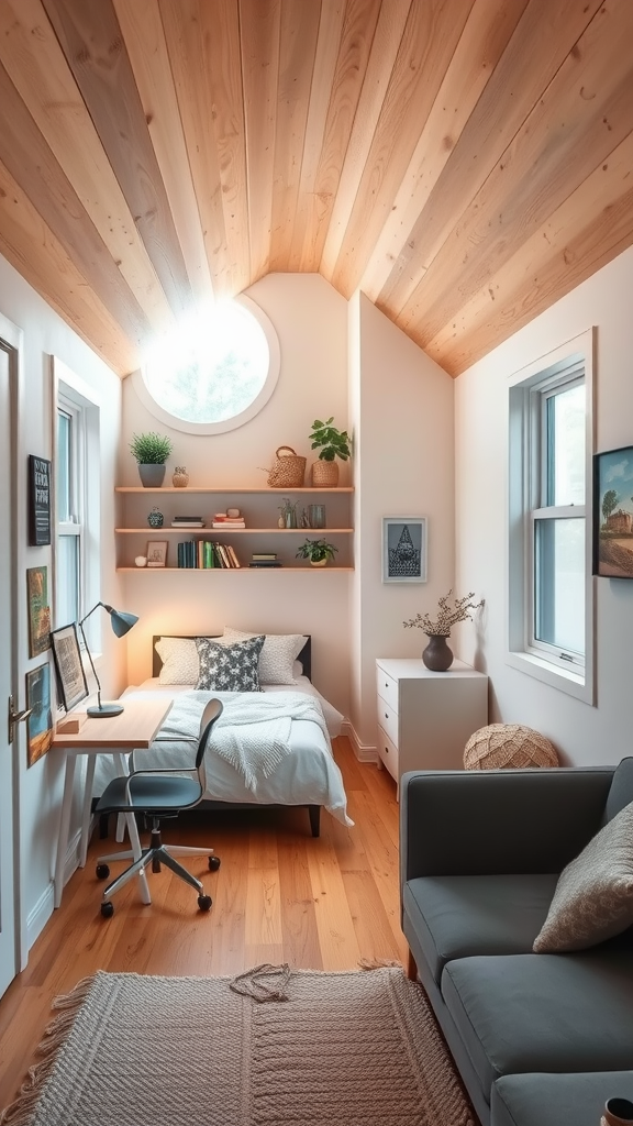 A cozy multi-functional room with wooden ceiling, workspace, bed, and natural light.