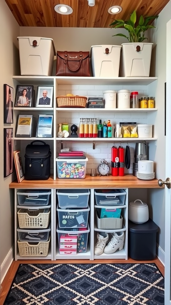 Organized storage space with shelves, bins, and containers.
