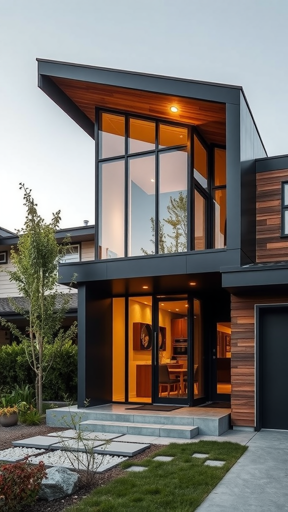 A modern house with large glass windows and wooden accents, set in a landscaped yard.