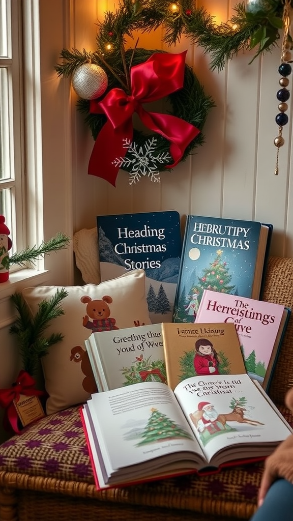 A cozy reading corner decorated for the holidays, featuring festive books and a wreath.