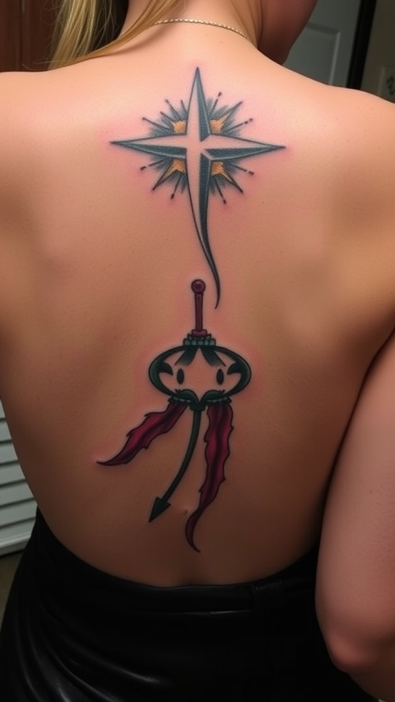 A tattoo on the back featuring a star and a compass symbol