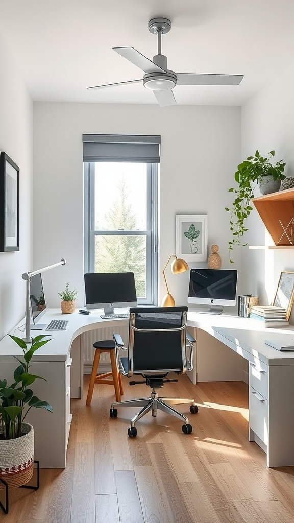 A modern office space with two computer monitors, a comfortable chair, plants, and stylish decor.