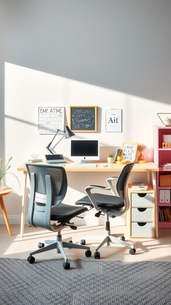 A well-lit craft room featuring a desk with a computer, two ergonomic chairs, colorful storage, and inspirational wall decor.