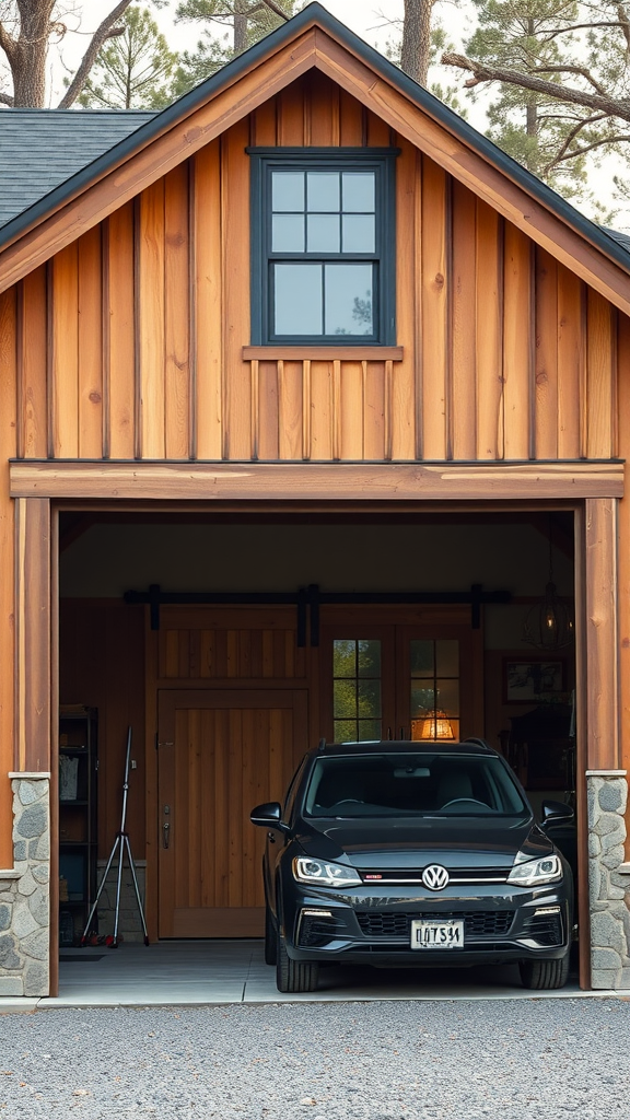 A wooden integrated garage with a black Volkswagen car parked in front.