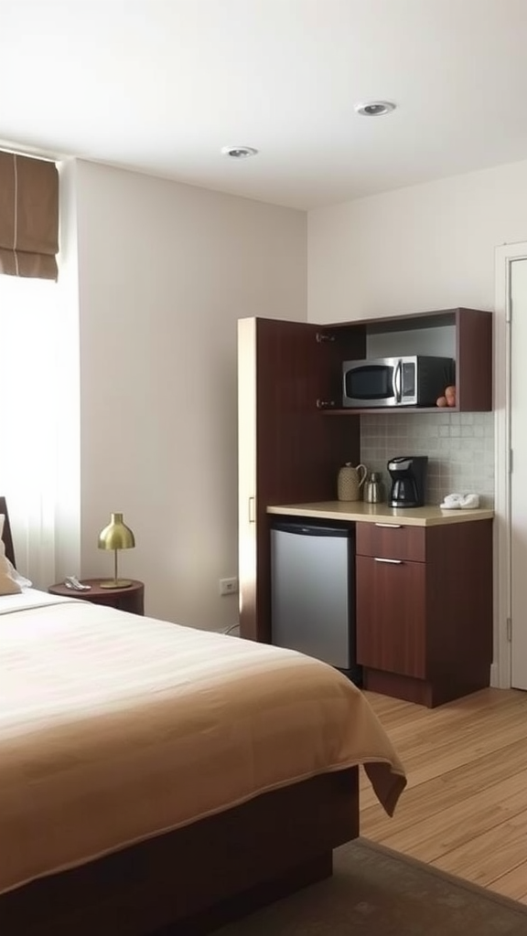 A cozy bedroom with a small kitchenette featuring a microwave, mini-fridge, and countertop.