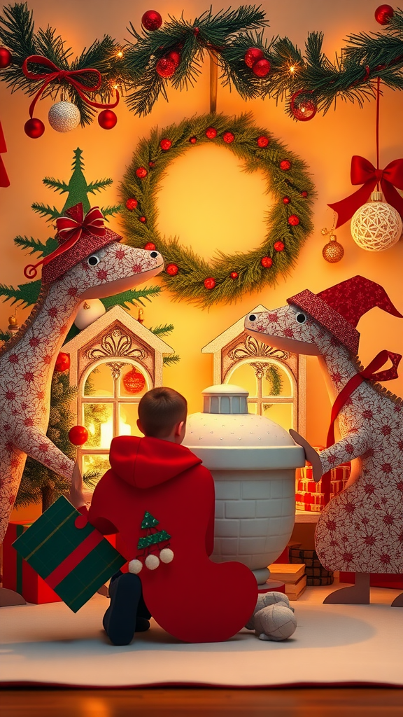 A child in a red outfit interacts with two festive paper characters in a decorated Christmas setting.