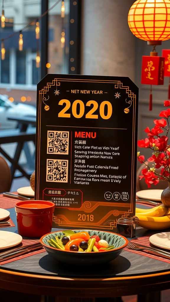 A table setting with a menu featuring QR codes for interactive dining.