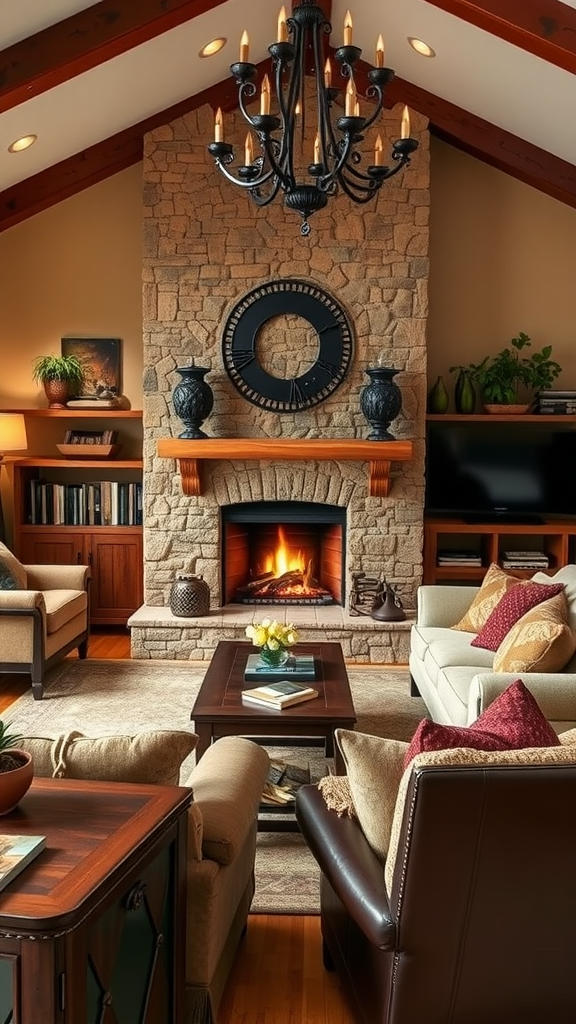 Cozy ranch living room with a stone fireplace, comfortable seating, and warm decor.