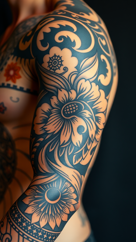 A detailed tattoo sleeve featuring floral designs and intricate patterns on a person's arm.