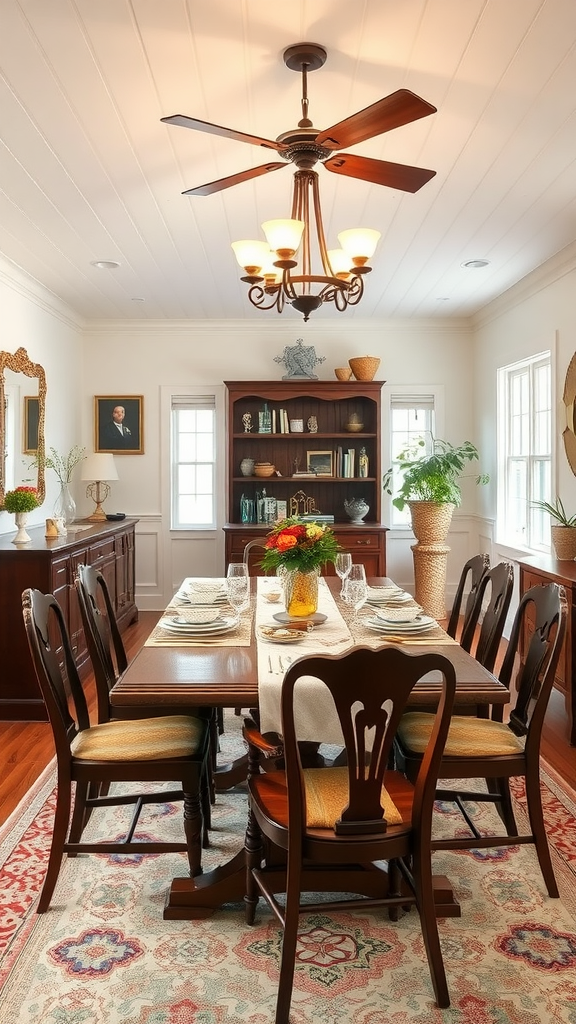 A warm and inviting dining room with a wooden table set for a meal, surrounded by chairs and decorated with flowers.