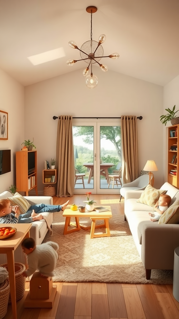 A bright and cozy family living room with children playing, featuring soft furniture and a view of the outdoors.