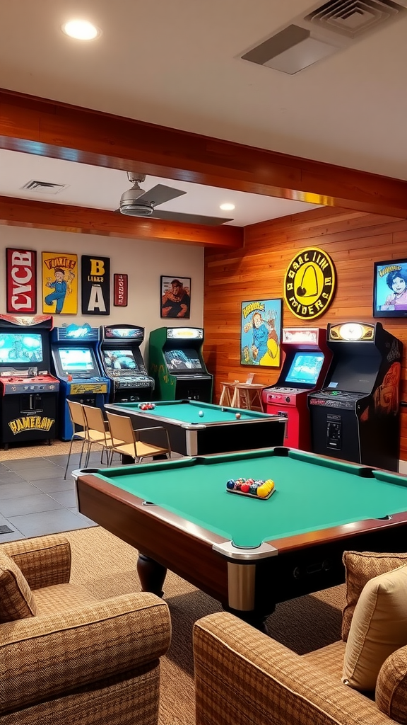 A cozy family game room featuring a pool table and arcade games.