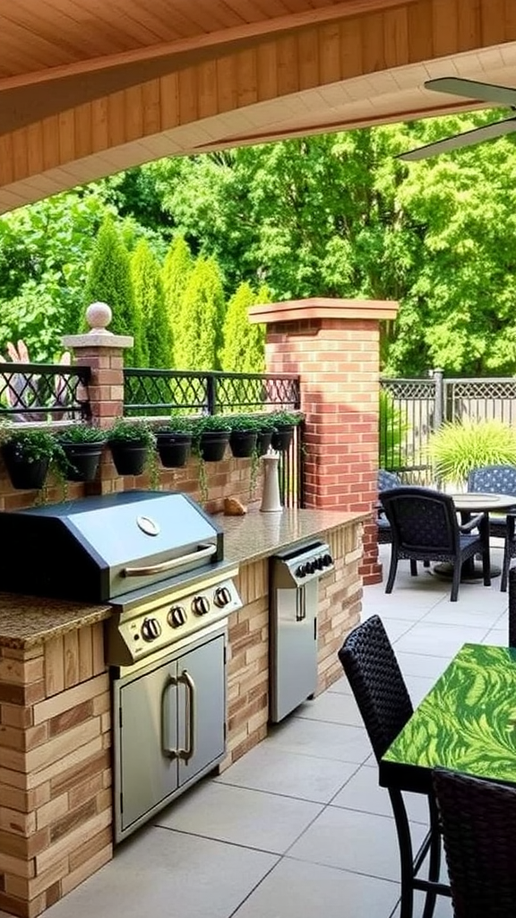 An outdoor kitchen featuring a grill, stone countertops, and a dining area surrounded by greenery.