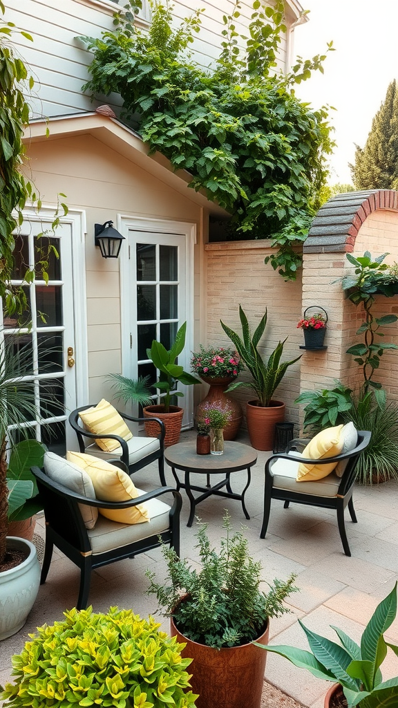 A cozy outdoor patio with comfortable seating and lush greenery