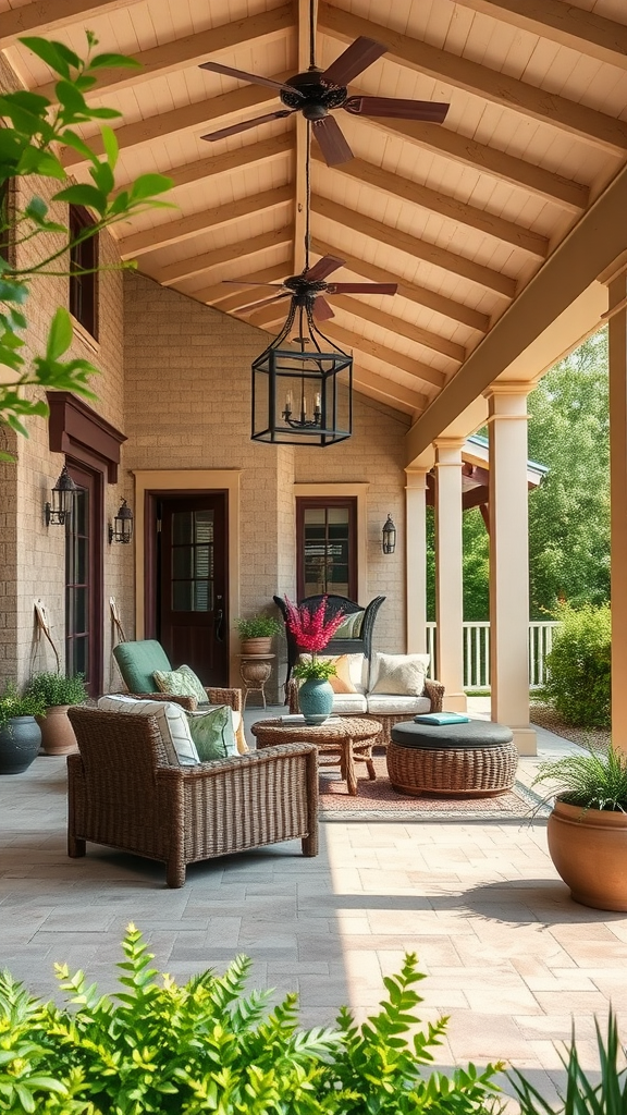 A cozy outdoor patio with comfortable seating, plants, and hanging lights.