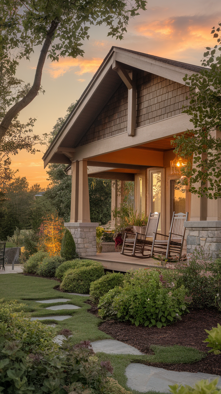 A cozy porch with rocking chairs surrounded by lush greenery at sunset.