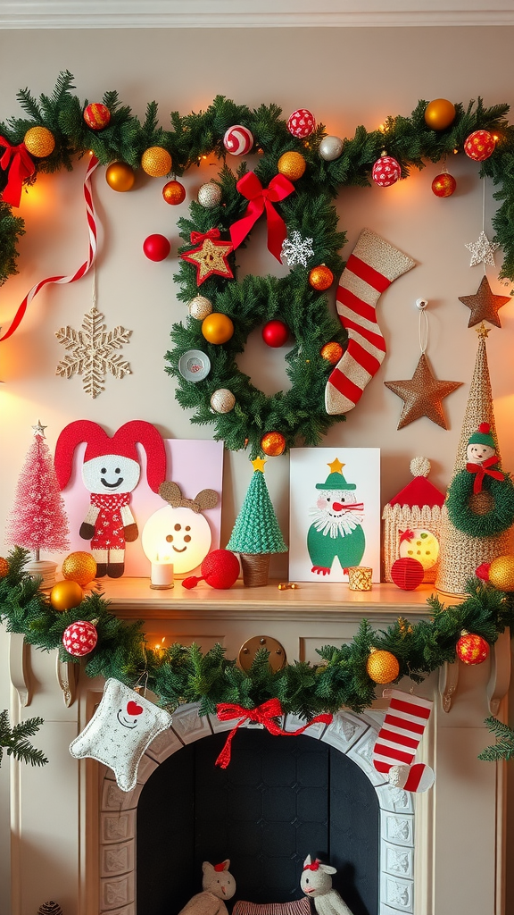 Colorful holiday decorations made by children, featuring a festive display on a mantel.