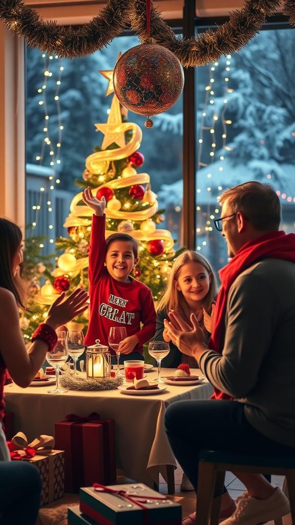 A joyful family gathering around a festive table with a Christmas tree in the background.