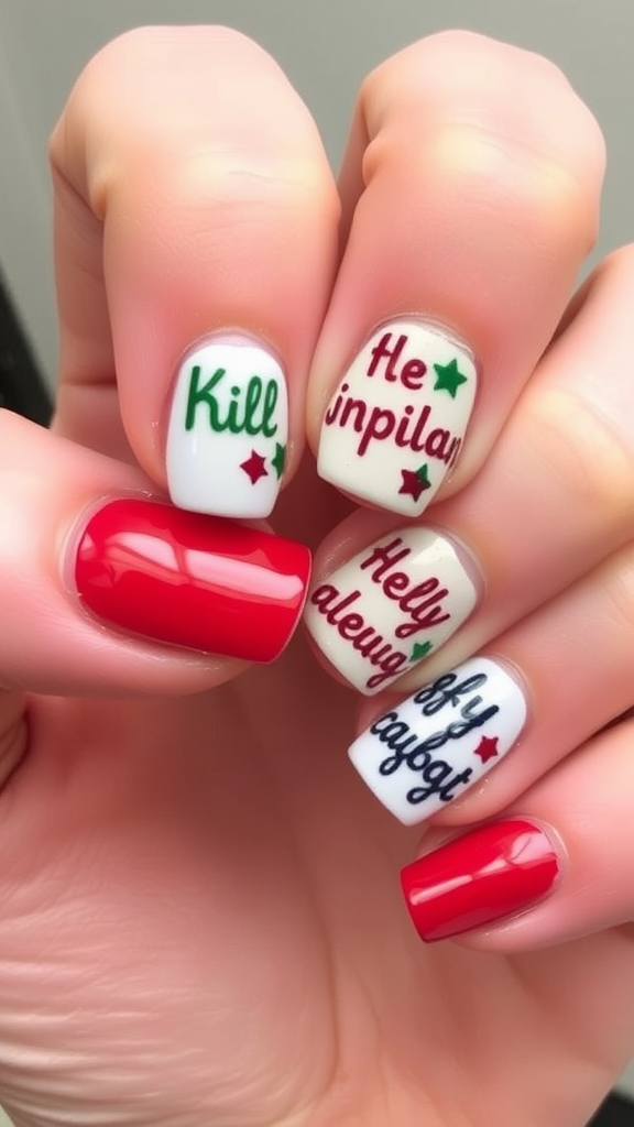 Colorful holiday-themed nails with red and white polish featuring playful messages.