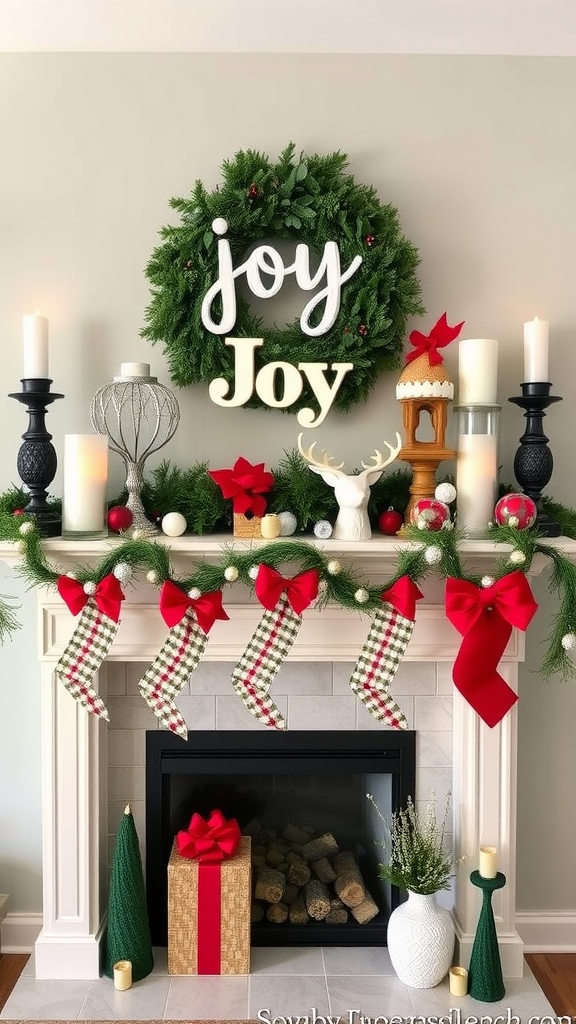 A beautifully decorated fireplace with a wreath saying 'joy', festive candles, stockings, and gifts.