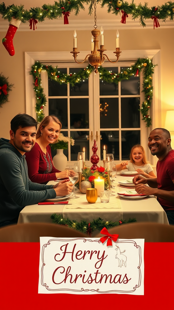 A family celebrating Christmas at a beautifully decorated dining table with smiles and joy.