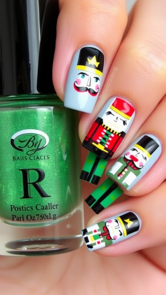 Nail art featuring Nutcracker designs with vibrant colors