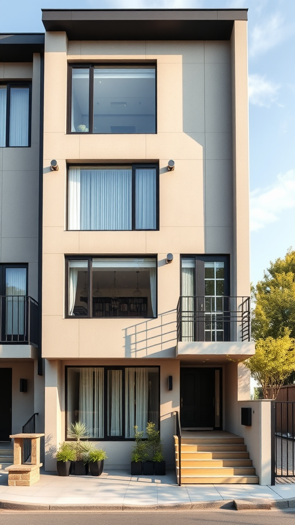A modern townhouse with large windows, stylish design, and a welcoming entrance.