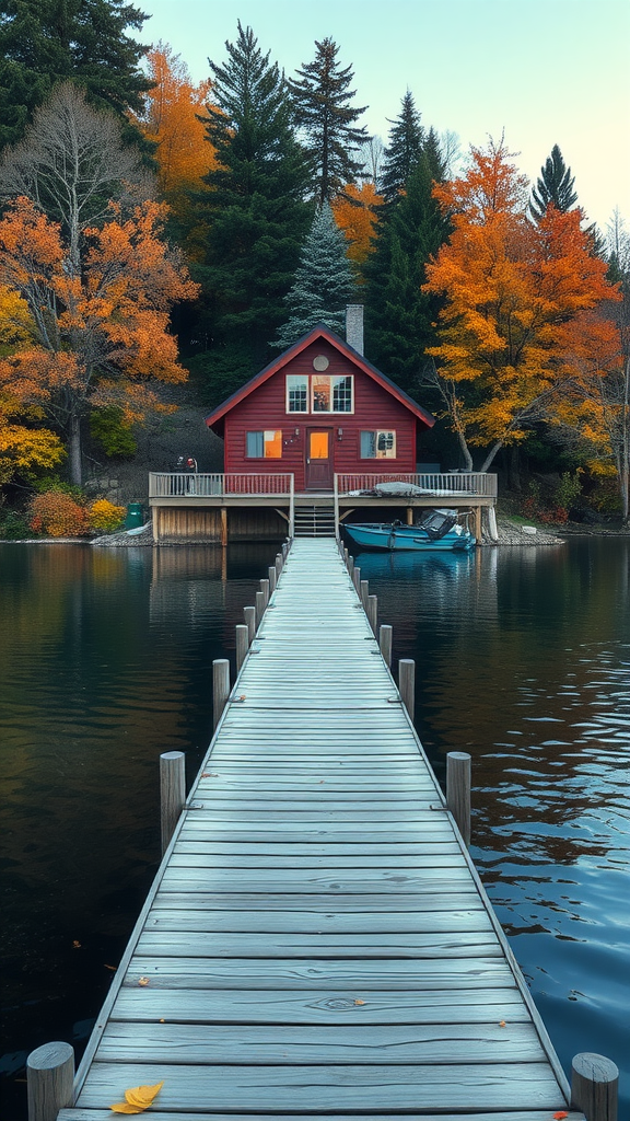 A red cabin on a pier by a lake, surrounded by autumn trees.