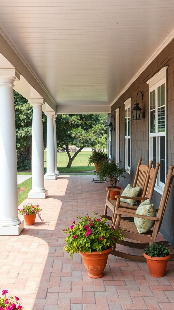 A spacious front porch with rocking chairs and flower pots.