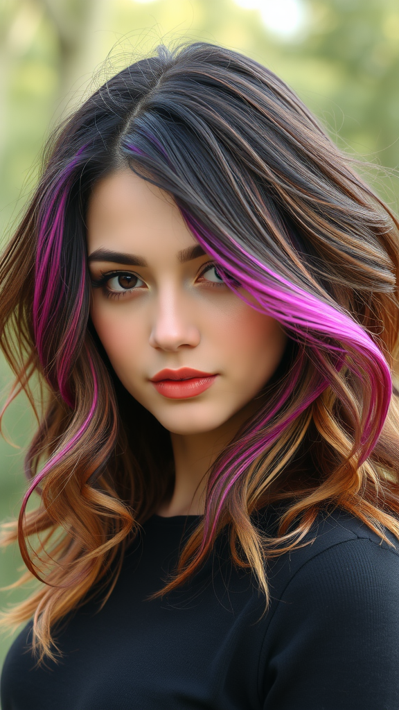 A woman with layered hair featuring pink highlights, showcasing volume and movement.