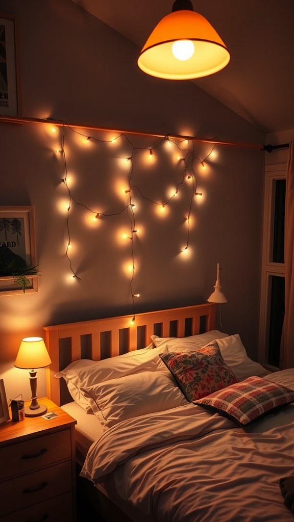 A cozy bedroom with layered lighting, featuring string lights on the wall, a bedside lamp, and a ceiling light.