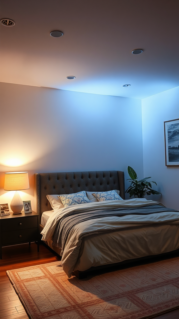 A cozy bedroom featuring layered lighting with warm and cool tones.