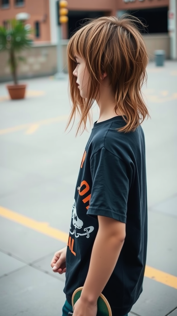 A child with layered long hair and fringe, wearing a black t-shirt and holding a skateboard.