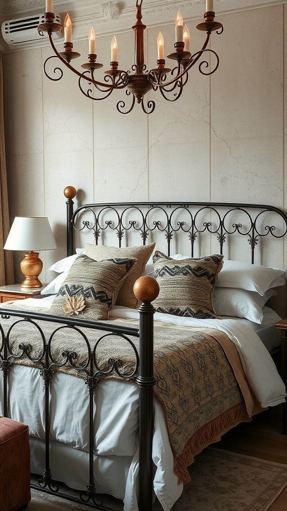 A cozy bedroom featuring a black metal bed frame, layered bedding, and a chandelier.