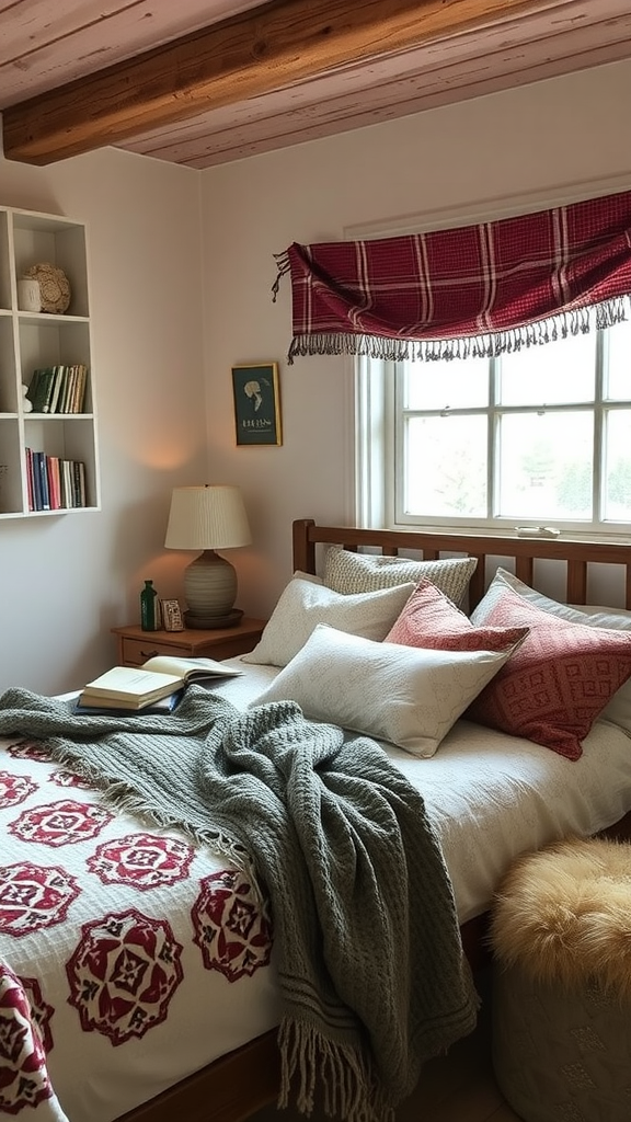 Cozy bedroom with layered textures including pillows, throws, and wooden elements.