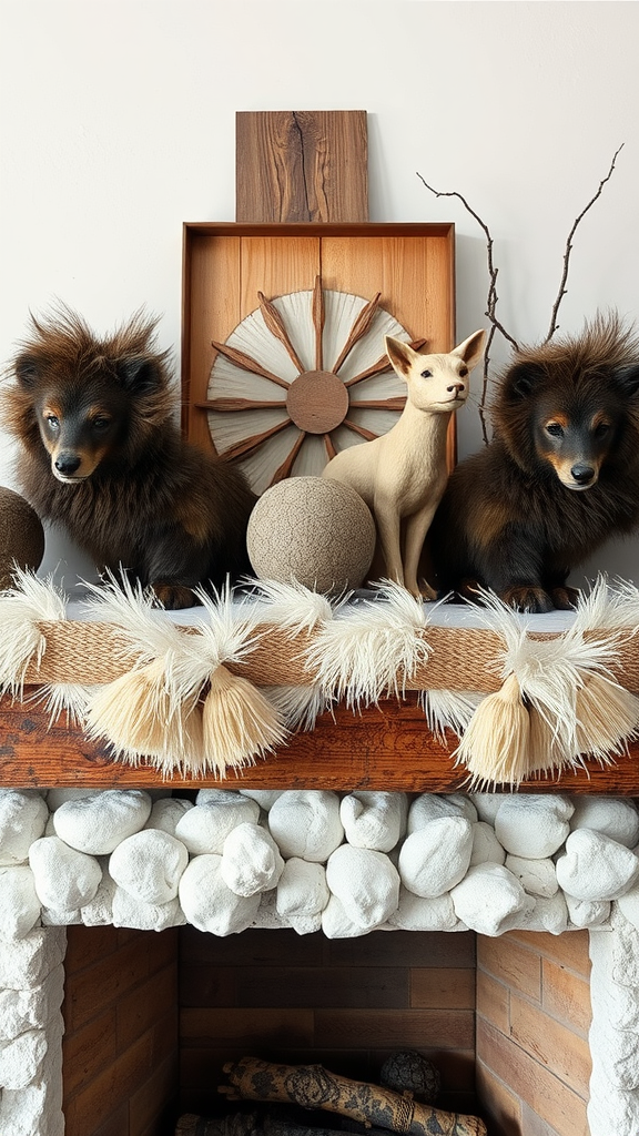 A cozy winter scene featuring decorative items like plush animals, wooden accents, and textured fabrics on a mantel.