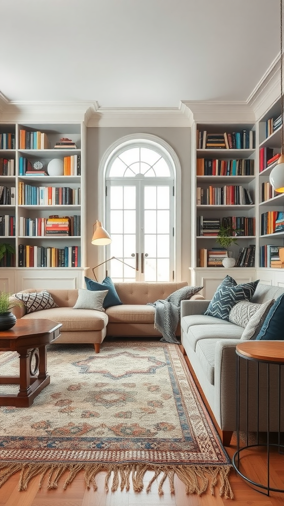 Cozy home library with plush seating and colorful bookshelves