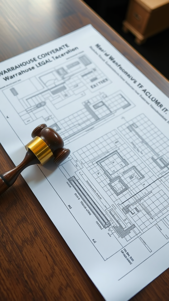 Legal documents and a gavel on a table, representing legal considerations for warehouse conversion.