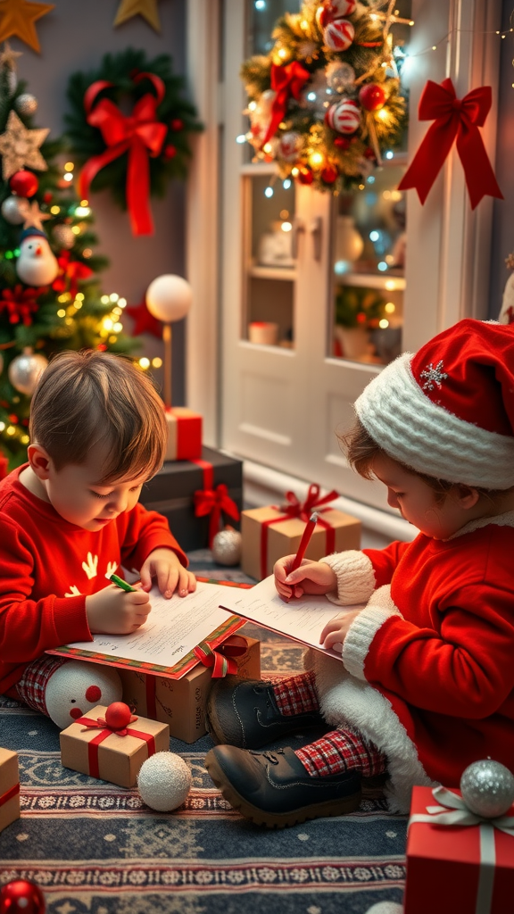 Two children in festive clothing writing letters to Santa surrounded by Christmas decorations.