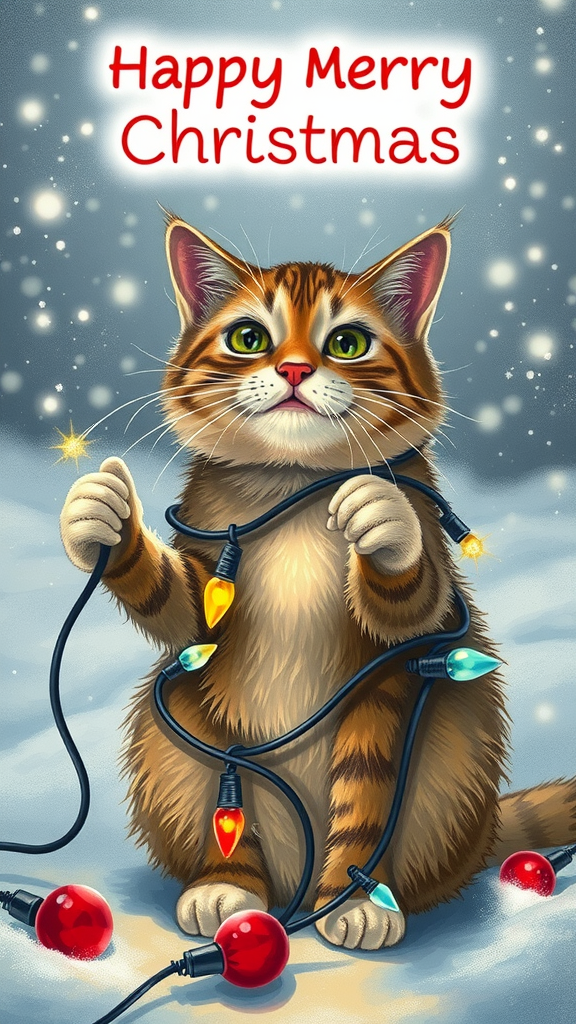 A playful cat tangled in Christmas lights with a snowy background, featuring the text 'Happy Merry Christmas'.