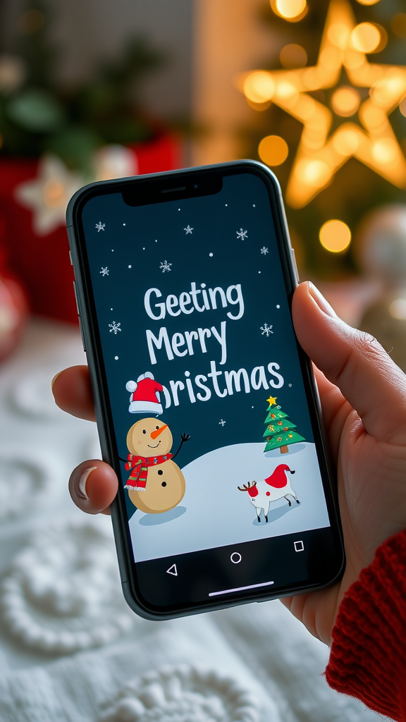 A smartphone displaying a Merry Christmas greeting with a snowman and a festive background