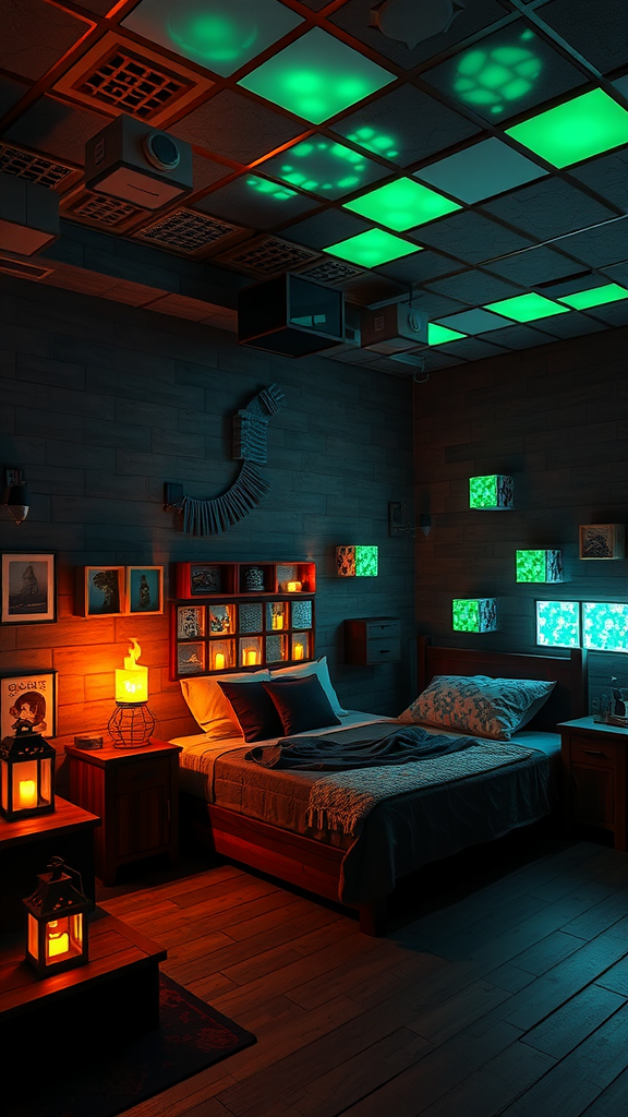 Cozy bedroom with warm and cool lighting effects, showcasing a blend of orange lanterns and green ceiling lights.