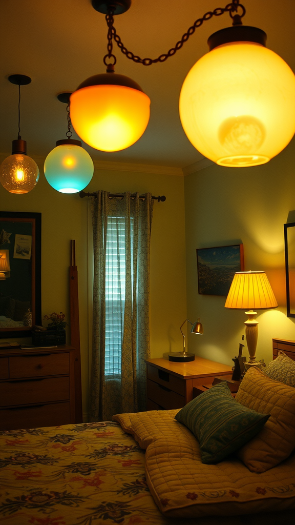 Cozy bedroom with colorful 70s light fixtures