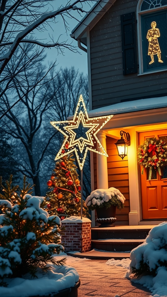 A snowy holiday scene featuring a large illuminated star in a front yard, surrounded by a decorated Christmas tree and warm porch lights.